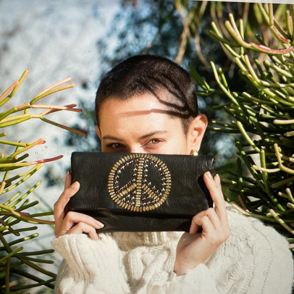 Calleen Cordero Black Imagine Peace Sign Messenger Bag studded with Nickel - Picture 7 of 9
